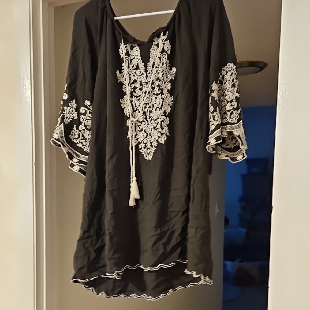 Black High-Low Dress with Tie Front and Bell Sleeves